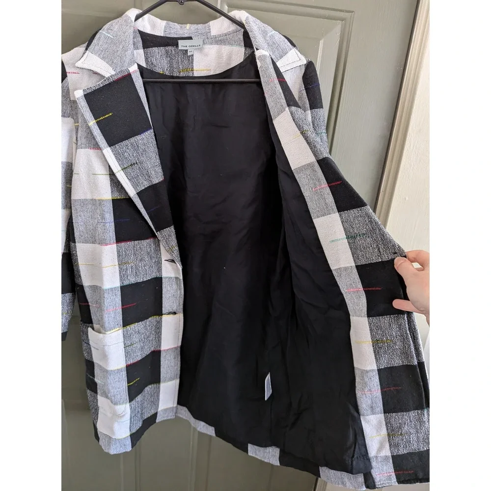 Anthropologie The Odells‎ Cairo Plaid Longline Blazer Jacket Black White XS